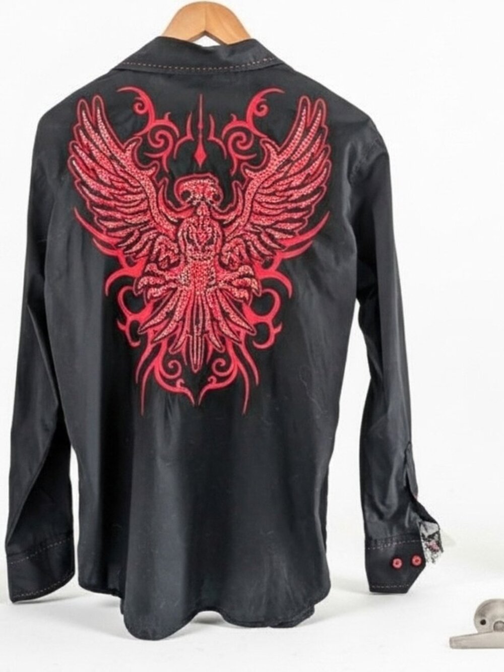 Victorious Los Angeles Men's Western Shirt M Black Red Phoenix Embroidery Rh M